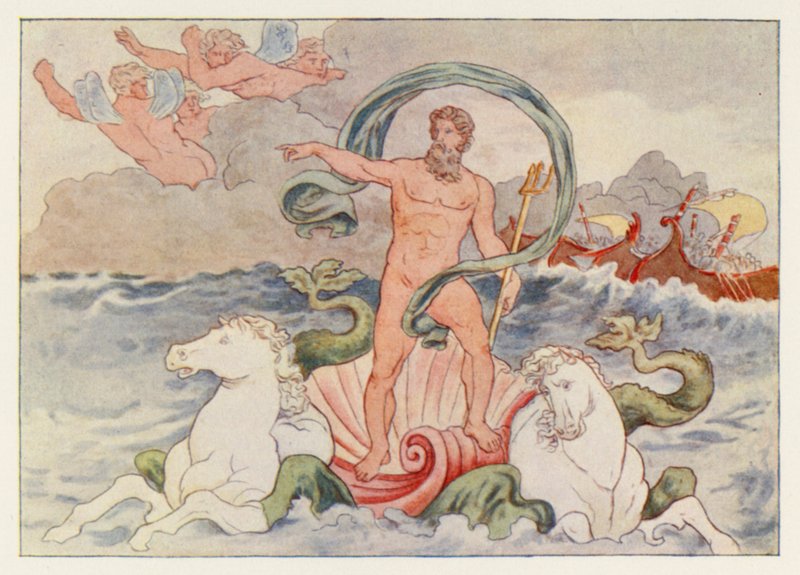 Virgils Aeneid: Neptun stiller the Waves (farge litho) av English School
