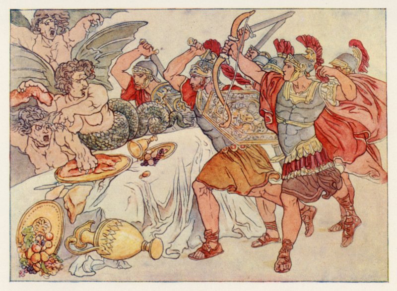 Virgils Aeneid: The Harpies (farge litho) av English School