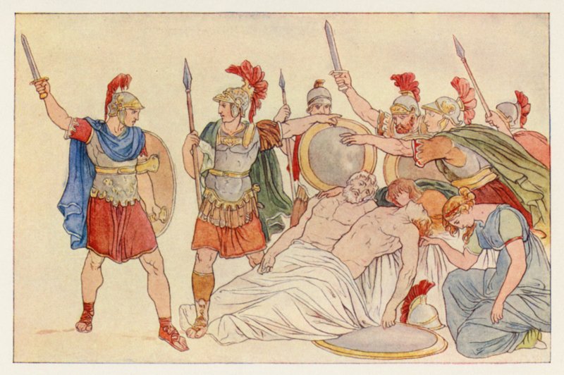 Virgils Aeneid: Turnus over Bodies of Almo og Galaesus (farge litho) av English School