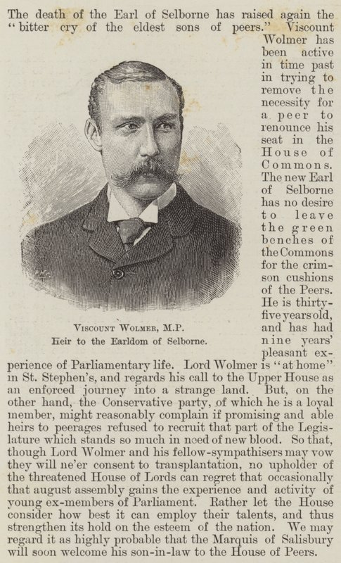 Viscount Wolmer, MP, arving til jarldømmet av Selborne (gravering) av English School