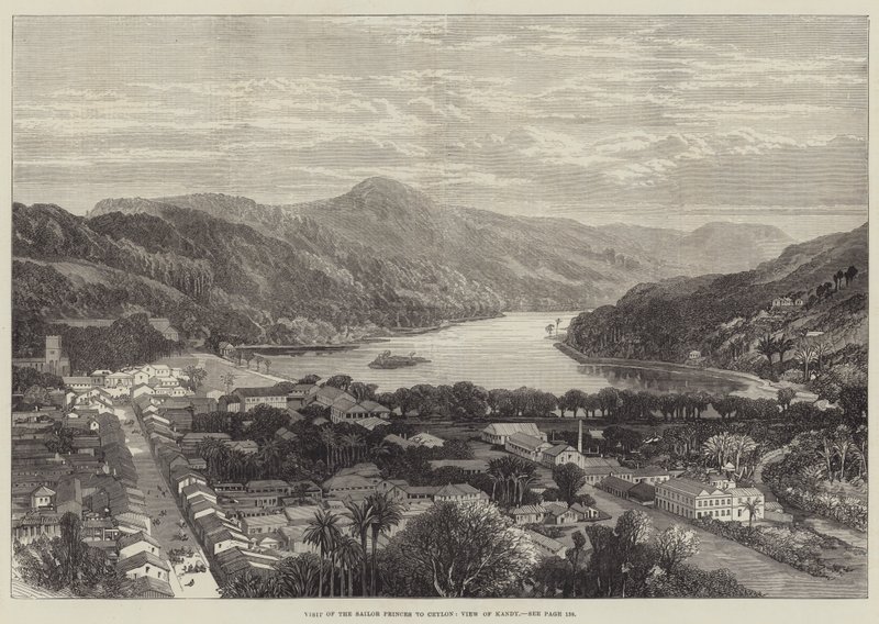 Besøk av sjømannsprinsene til Ceylon, utsikt over Kandy (gravering) av English School