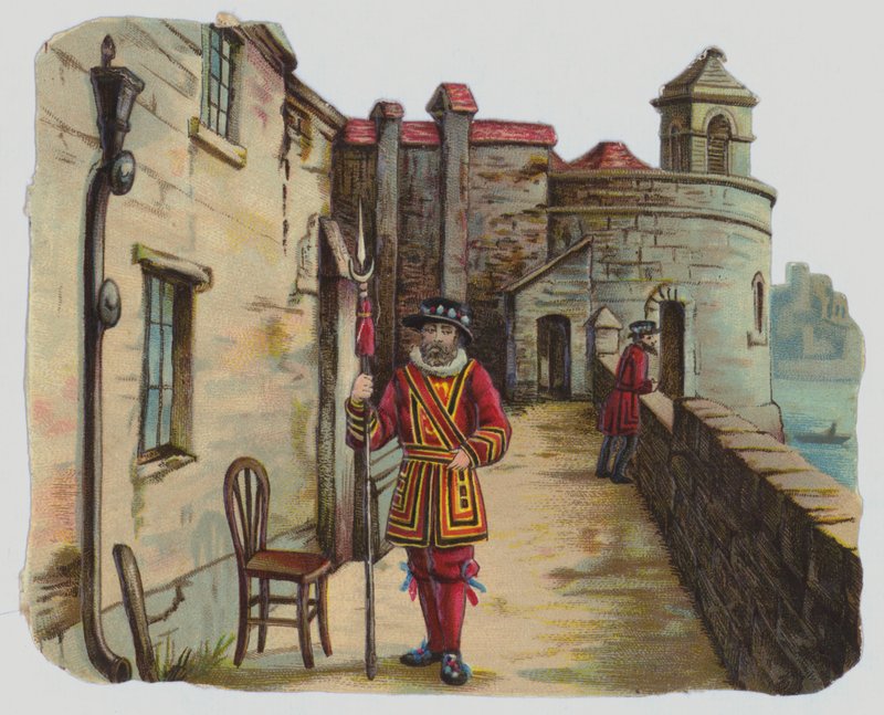 Besøk til Tower of London, viktoriansk skrap (farge litho) av English School