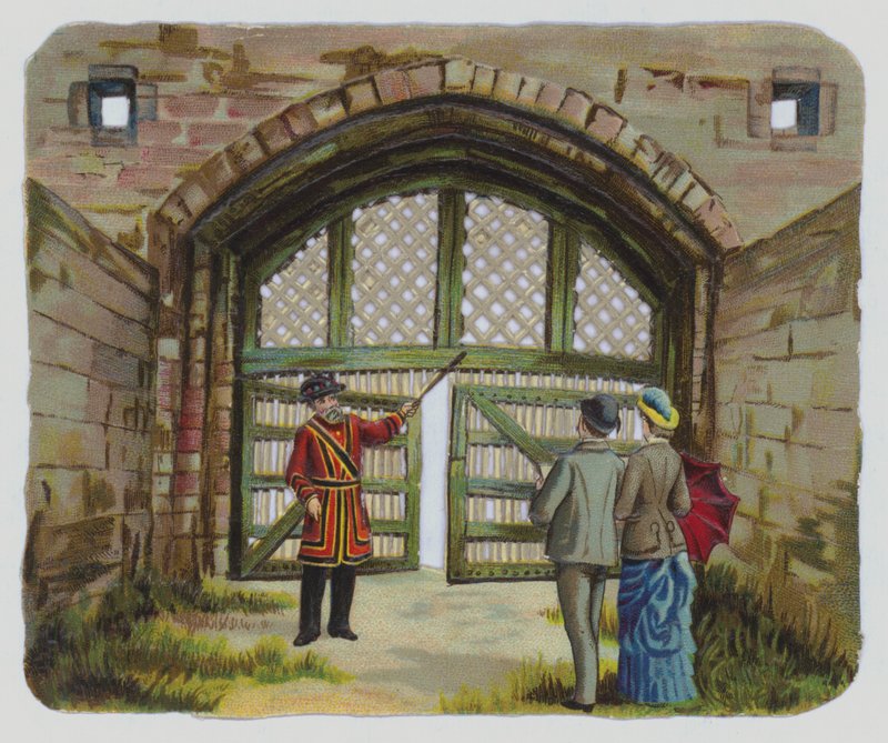 Besøk til Tower of London, viktoriansk skrap (farge litho) av English School