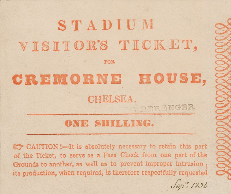 Besøksbillett til The Stadium, Cremorne House, London, september 1836 av English School