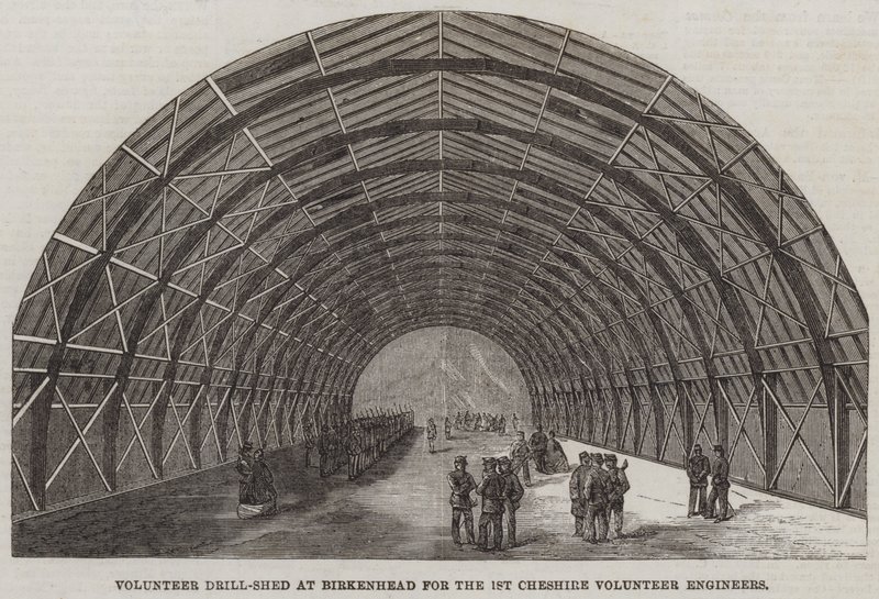 Frivillige boreskur ved Birkenhead for de første Cheshire frivillige ingeniørene (gravering) av English School