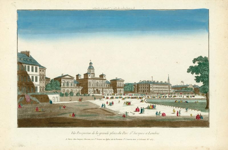 Perspektiv utsikt over hovedtorget i Parc St Jacques i London av English School