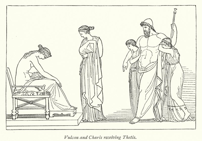 Vulcan og Charis møter Thetis (litho) av English School