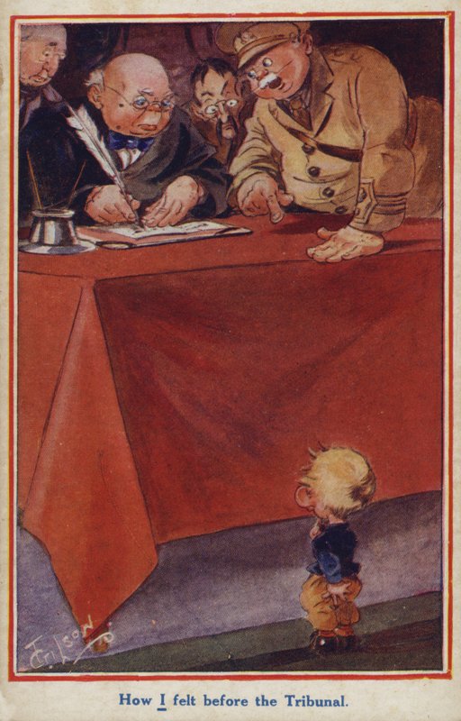 WW1 tegneseriepropagandapostkort av en militærnekter av English School