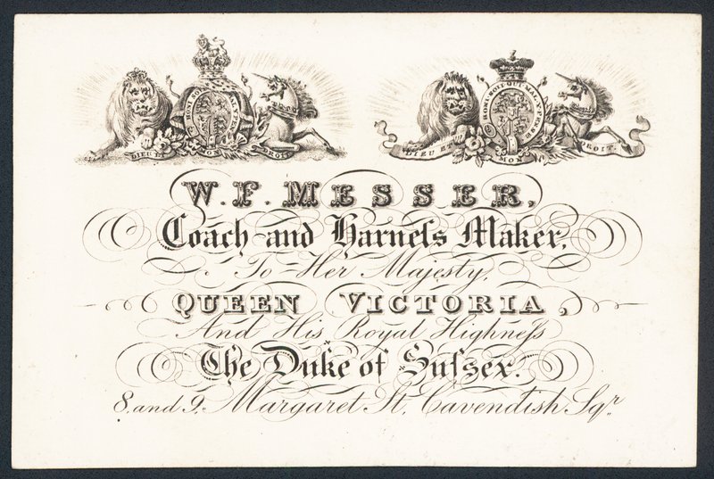 W F Messer, trener og selemaker til hennes majestet dronning Victoria og hertugen av Sussex, handelskort av English School