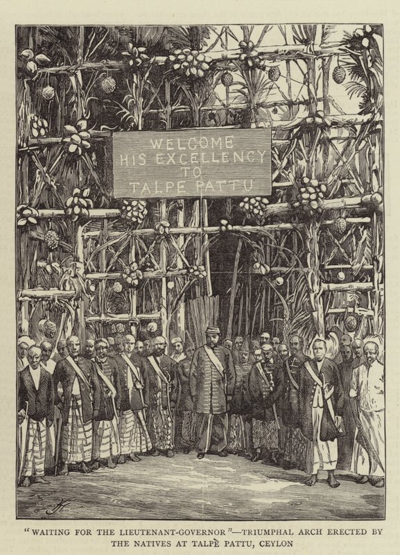 "Venter på løytnant-guvernøren", triumfbue reist av de innfødte ved Talpe Pattu, Ceylon (gravering) av English School