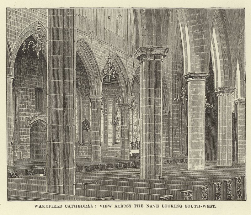Wakefield Cathedral, utsikt over Nave med sørvestlig utsikt av English School