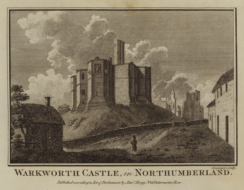 Warkworth Castle, i Northumberland (gravering) av English School