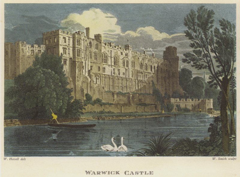Warwick Castle, Warwickshire (farget gravering) av English School