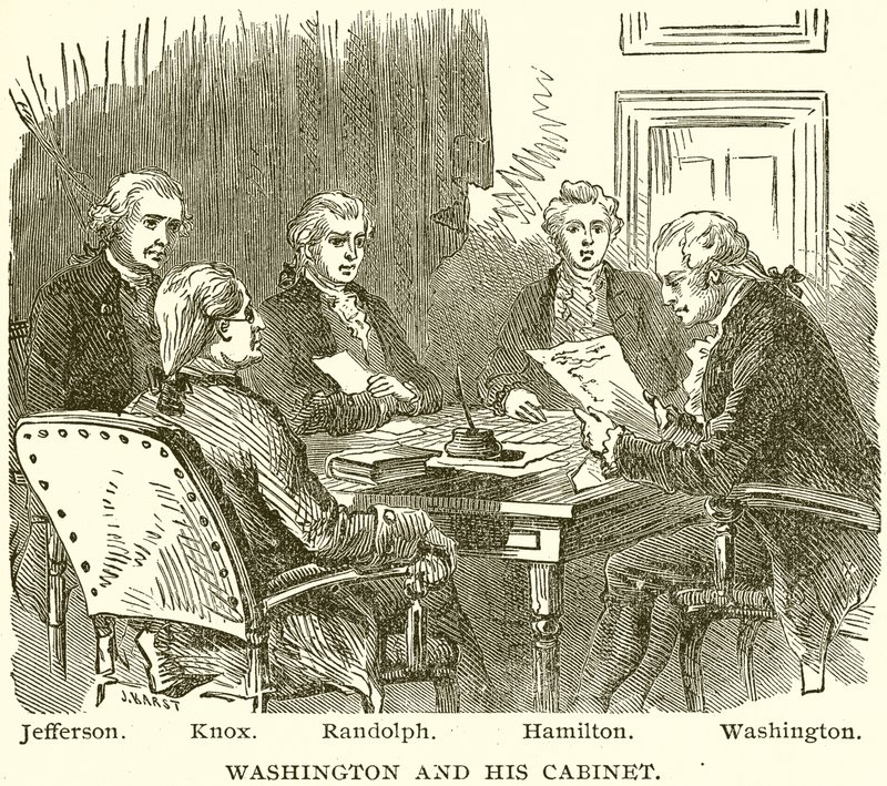 Washington og hans kabinett. Jefferson. Knox. Randolph. Hamilton. Washington av English School