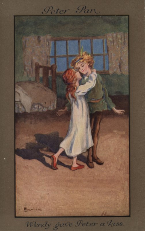 Wendy gir Peter Pan et kyss (farge litho) av English School