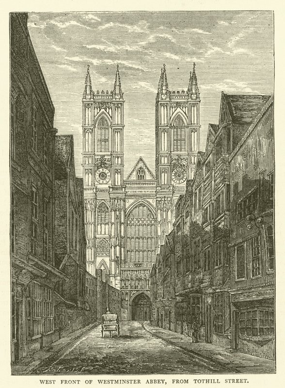 Vest foran Westminster Abbey, fra Tothill Street (gravering) av English School