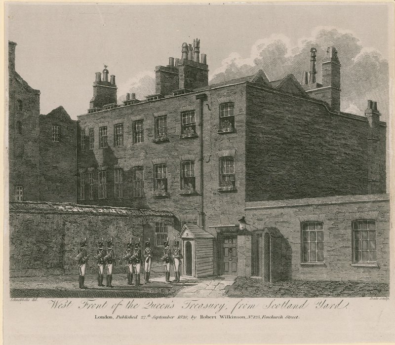 Vestfronten av Queens Treasury fra Scotland Yard av English School