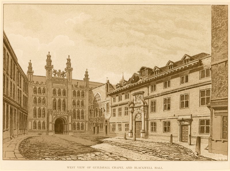 Vestutsikt over Guildhall Chapel, London og Blackwell Hall av English School
