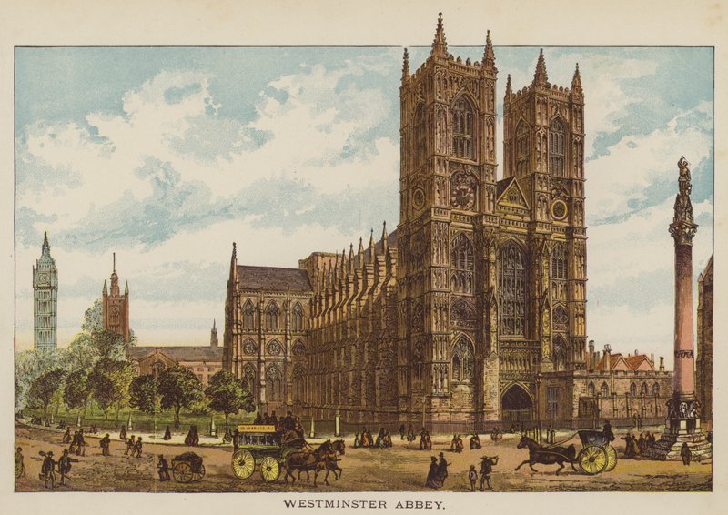 Westminster Abbey (farget gravering) av English School