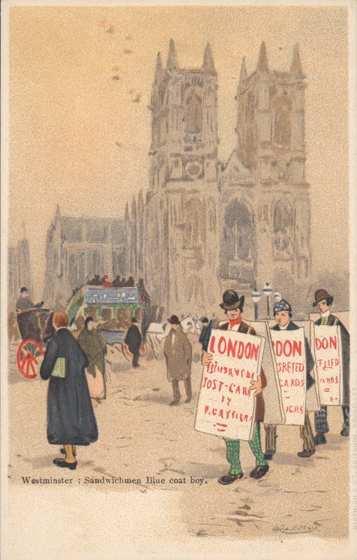 Westminster Abbey, London, sandwichman, blå frakkgutt av English School