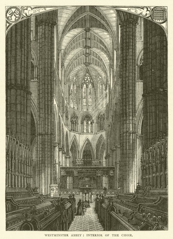 Westminster Abbey, interiøret i koret (gravering) av English School