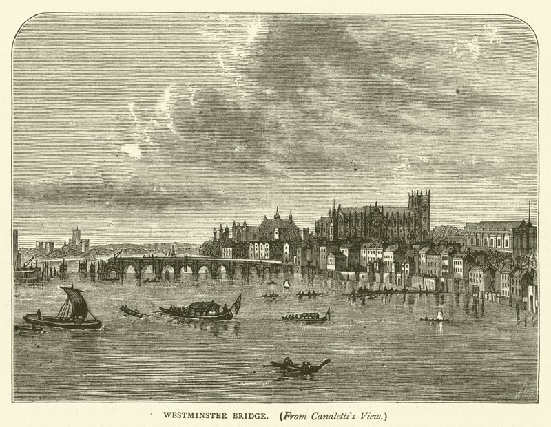 Westminster Bridge, fra Canalettis utsikt (gravering) av English School