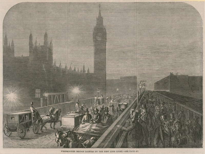 Westminster Bridge opplyst av det nye kalklyset av English School