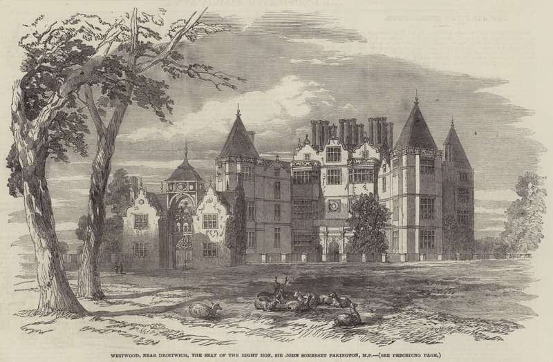 Westwood, nær Droitwich, sete for den høyre ærede Sir John Somerset Pakington, MP (gravering) av English School