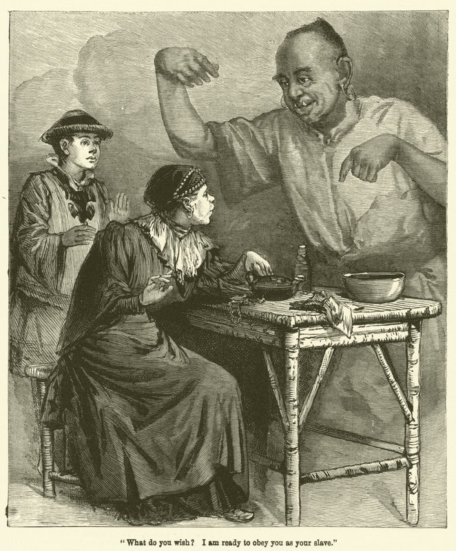 "Hva ønsker du? Jeg er klar til å adlyde deg som din slave" (gravering) av English School