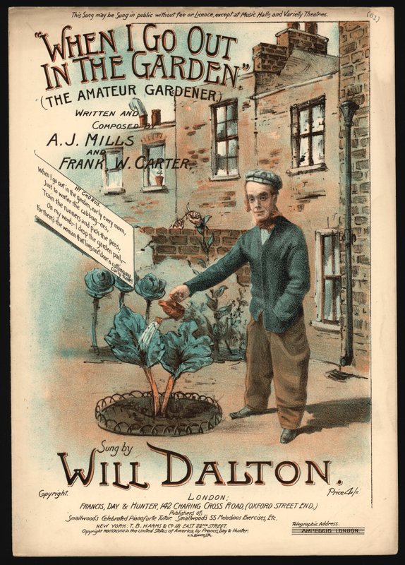 Når jeg går ut i hagen, amatørgartneren (farge litho) av English School