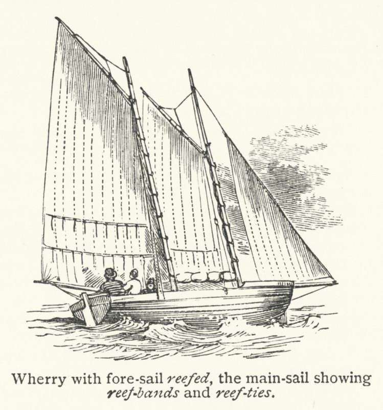 Wherry med revet forseil, storseilet viser revbånd og revbånd (gravering) av English School