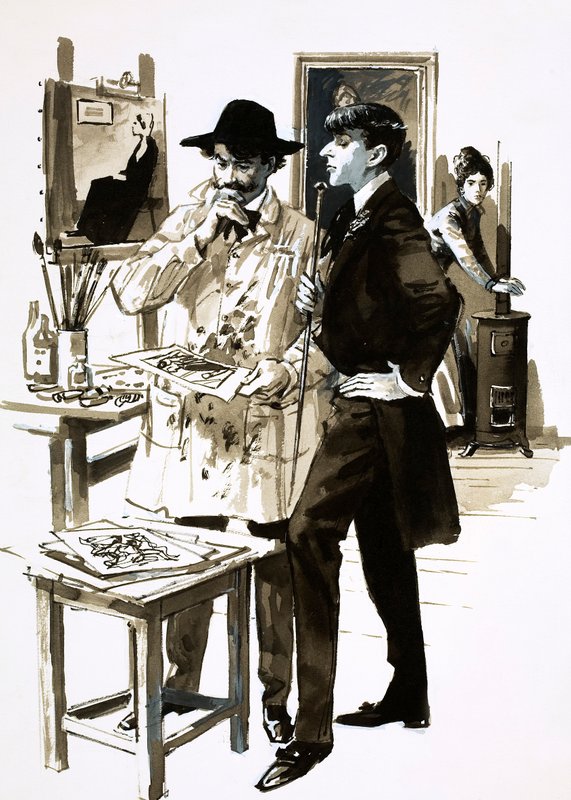Whistler og Aubrey Beardsley (gouache på papir) av English School