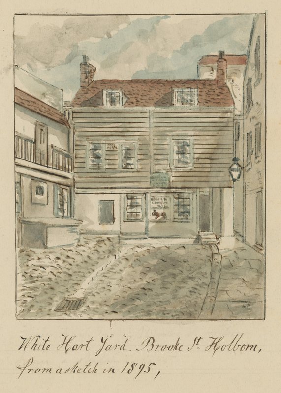 White Hard Yard, Brooke Street, Holborn, London, fra en skisse i 1895 (wc på papir) av English School