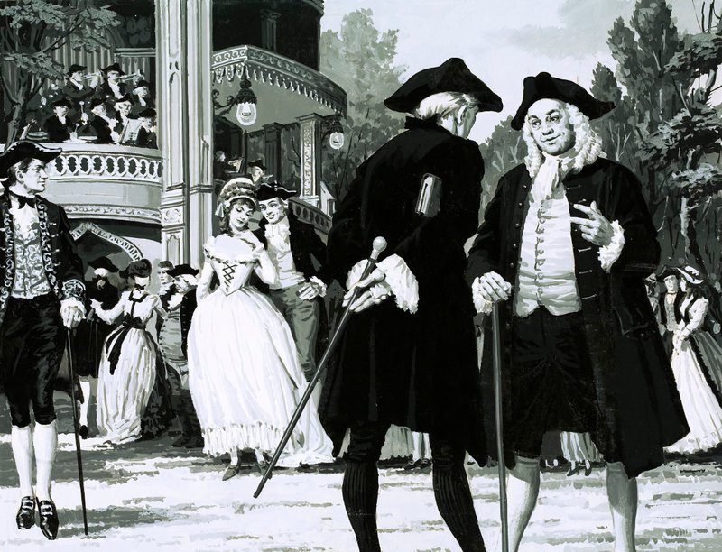 William Hogarth tar en spasertur i Vauxhall Gardens (gouache på papir) av English School
