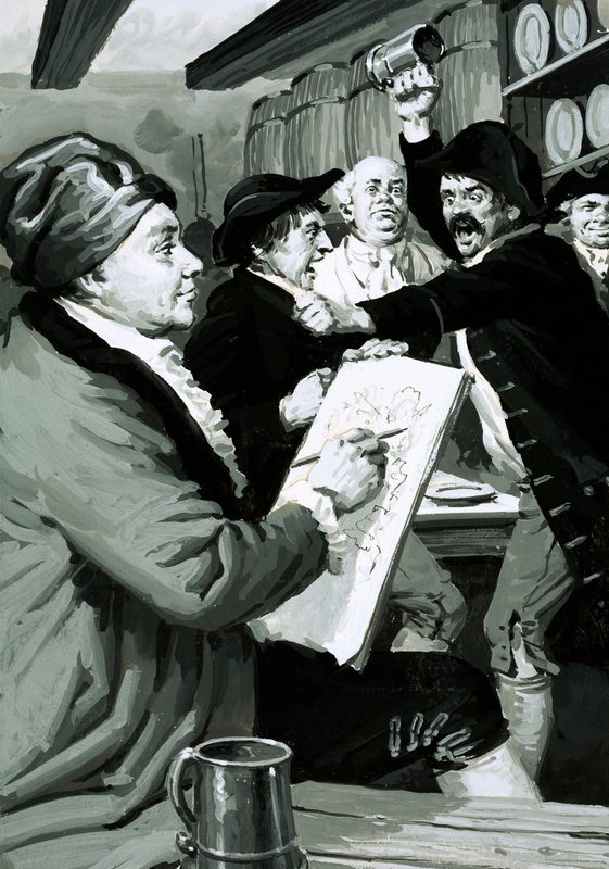 William Hogarths aller første satiriske tegning var inspirert av et kroslagsmål (gouache på papir) av English School