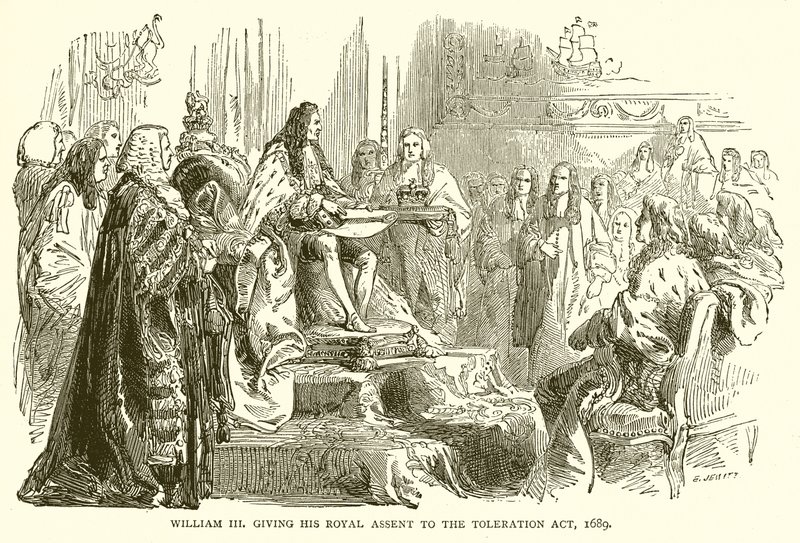 William III ga sin kongelige samtykke til tolerasjonsloven, 1689 av English School