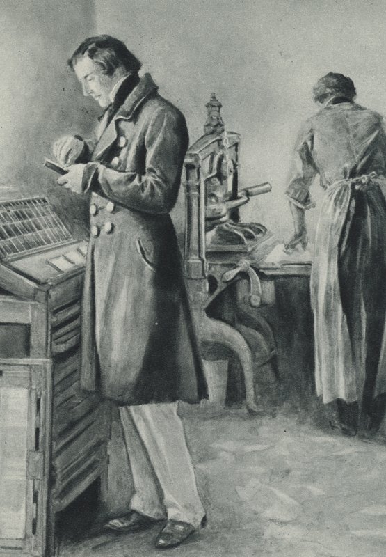 William Lloyd Garrison setter opp typen for papiret sitt av English School