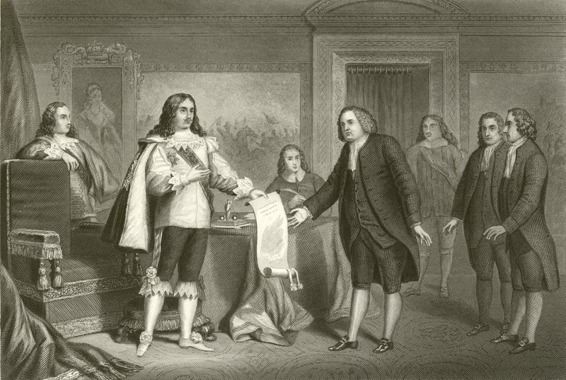 William Penn mottok Charter of Pennsylvania fra Charles II av English School