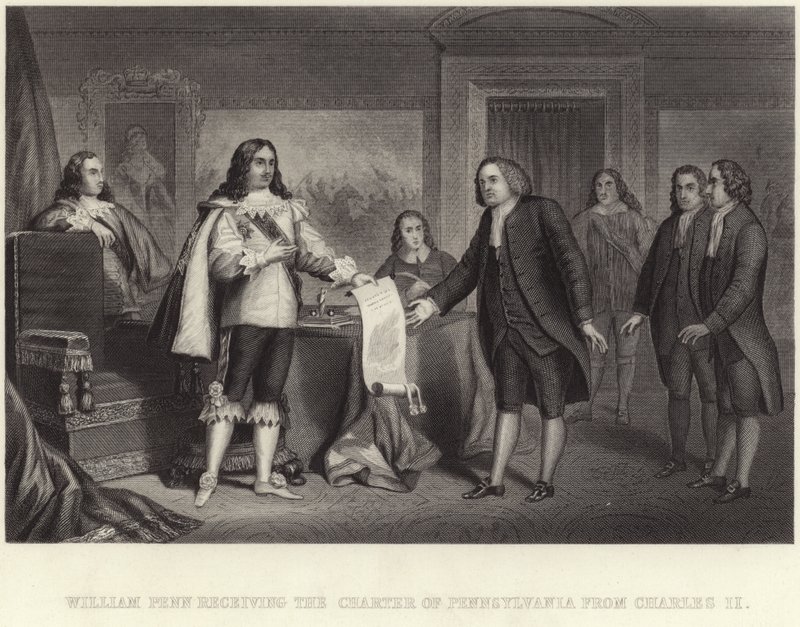 William Penn mottok Charter of Pennsylvania fra Charles II av English School