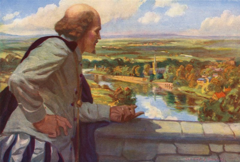 William Shakespeare ser ut over England (farge litho) av English School