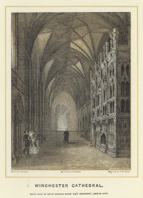 Winchester Cathedral, sørgang i koret som viser Bishop Foxs Monument, med utsikt mot vest av English School