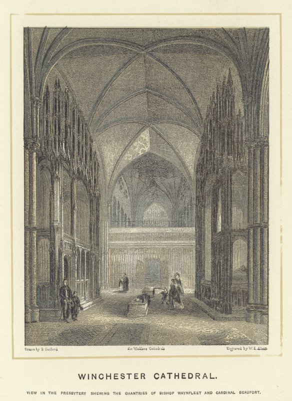 Winchester Cathedral, utsikt i presbyteriet som viser chantries til biskop Waynfleet og kardinal Beaufort av English School