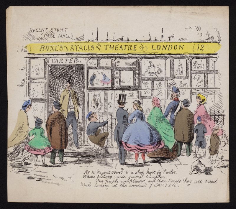 Window of Carters humoristiske trykkeributikk, Regent Street London (farget gravering) av English School
