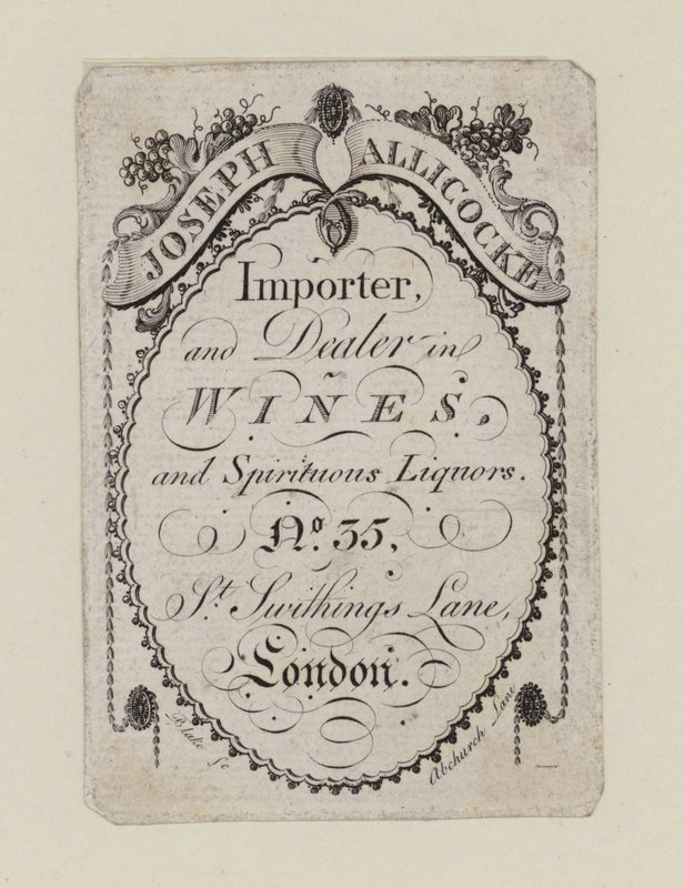 Vinhandlere, Joseph Allicocke, handelskort av English School