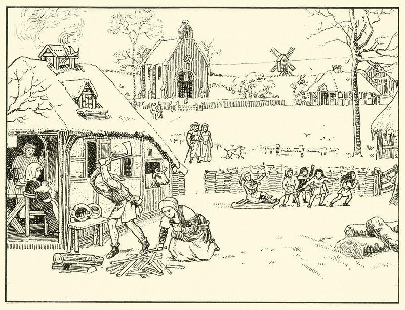 Vinterscene i en landsby. 14th Cent (blekk på papir) av English School