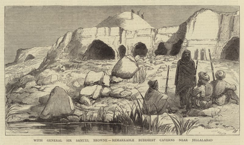 Med general Sir Samuel Browne, bemerkelsesverdige buddhistiske huler nær Jellalabad (gravering) av English School