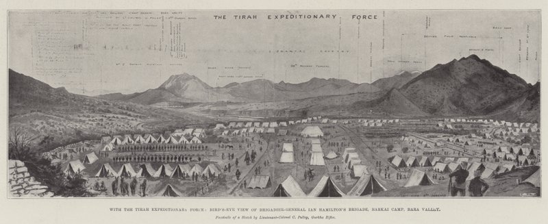 Med Tirah Expeditionary Force, fugleperspektiv av brigadegeneral Ian Hamiltons brigade, Barkai Camp, Bara Valley (litho) av English School