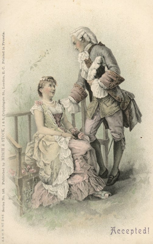 Kvinne som godtar et forslag (farge litho) av English School