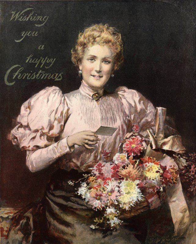 Kvinne som holder en bukett blomster, med legenden, ønsker deg en god jul av English School