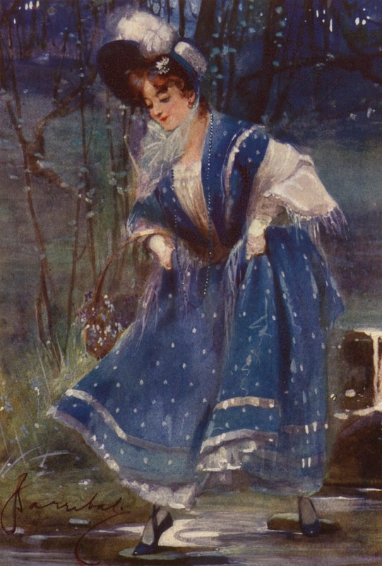 Kvinne i blått, kalenderdesign (farge litho) av English School